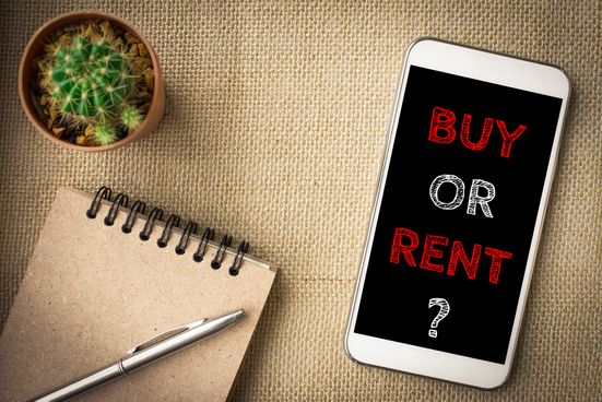 A smart phone displaying the question “buy or rent?”